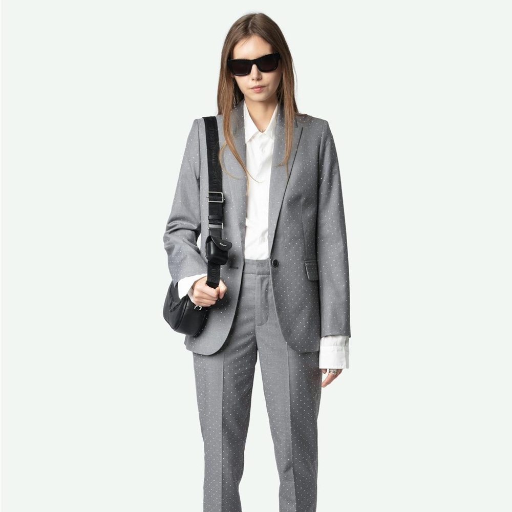 Zadig & Voltaire Valse Polka Dot Rhinestone Embellished Grey Structured Blazer - Picture 6 of 12